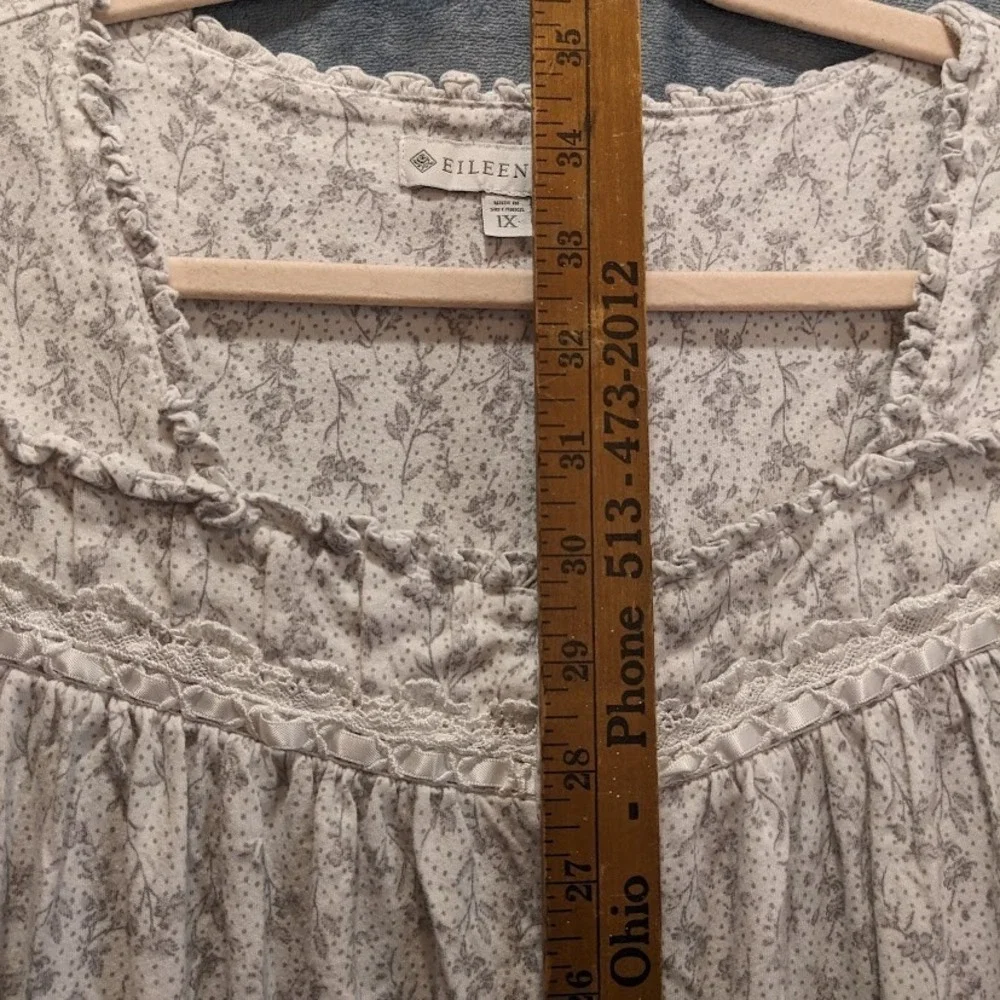 Eileen West 100% Cotton Long Sleeve Short Night Gown Gray Floral Womens‎ 1X Plus